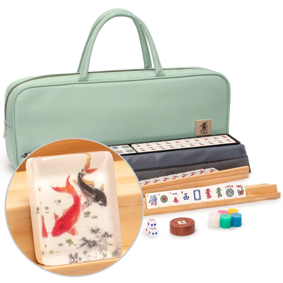 American Mahjong Set, "Celadon Koi" with Mint Green Fabric Case - Four Wooden All-in-One Racks with Pushers, Wright Patterson Scoring Coins,