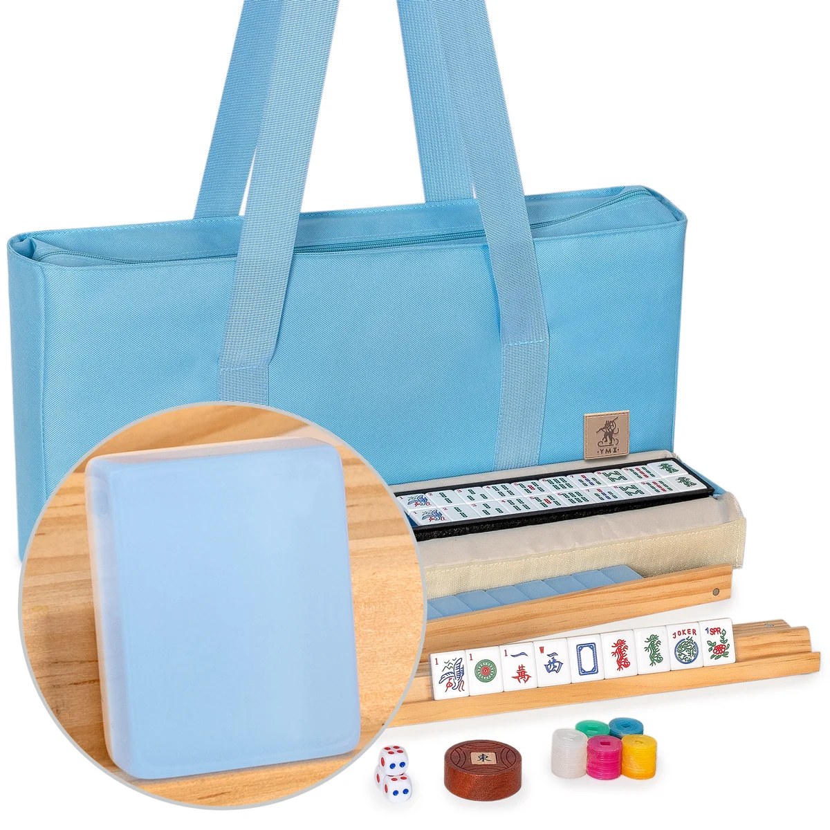 American Mahjong Set, "Glacier Blue" with 166 Acrylic Tiles, Light Blue Canvas Tote Bag - 4 All-in-One Racks with Pushers, Wright Patterson 