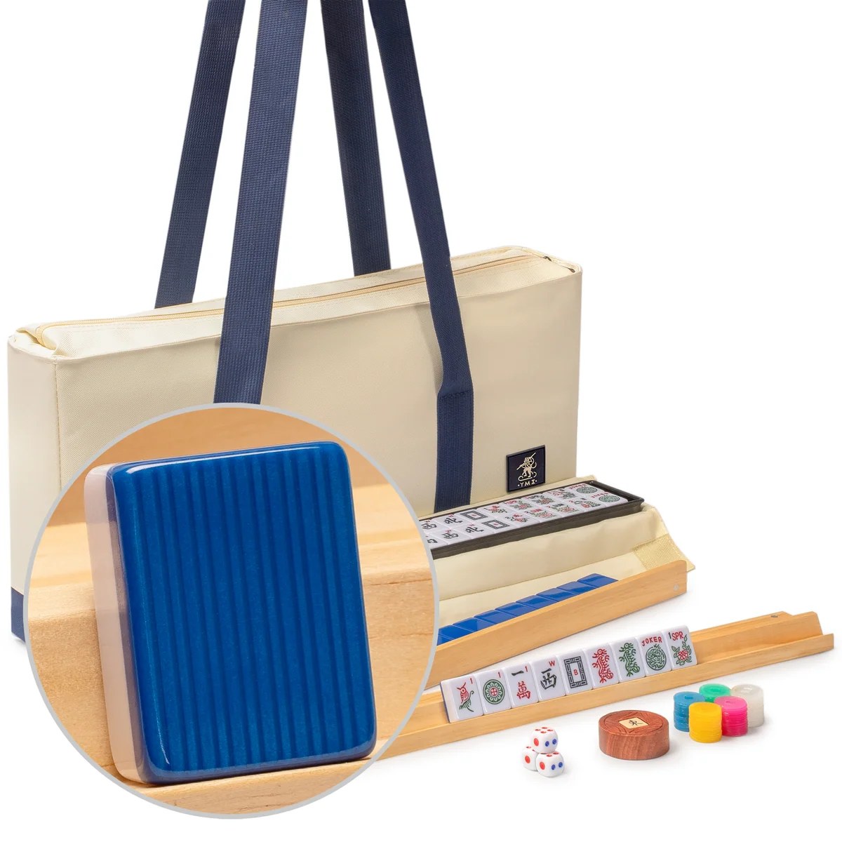 American Mahjong Set, "Harbor Tide" with Beige and Blue Canvas Tote Bag - Racks with Pushers, Scoring Coins, Dice, and Wind Indicator