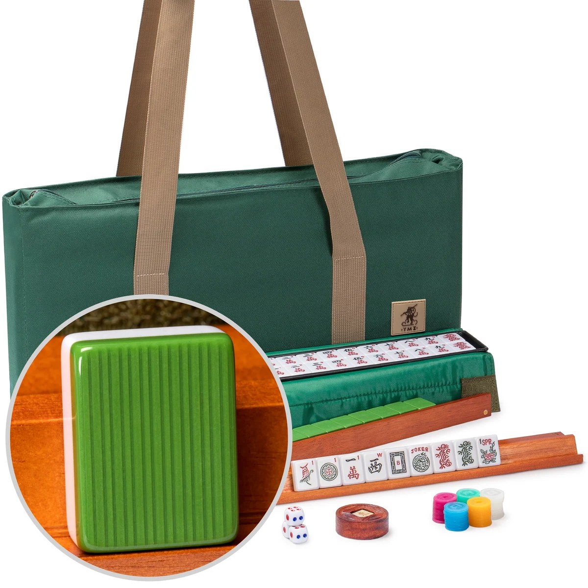 American Mahjong Set, "Huntington" with Mineral Green Soft Case - Racks with Pushers, Scoring Coins, Dice, & Wind Indicator
