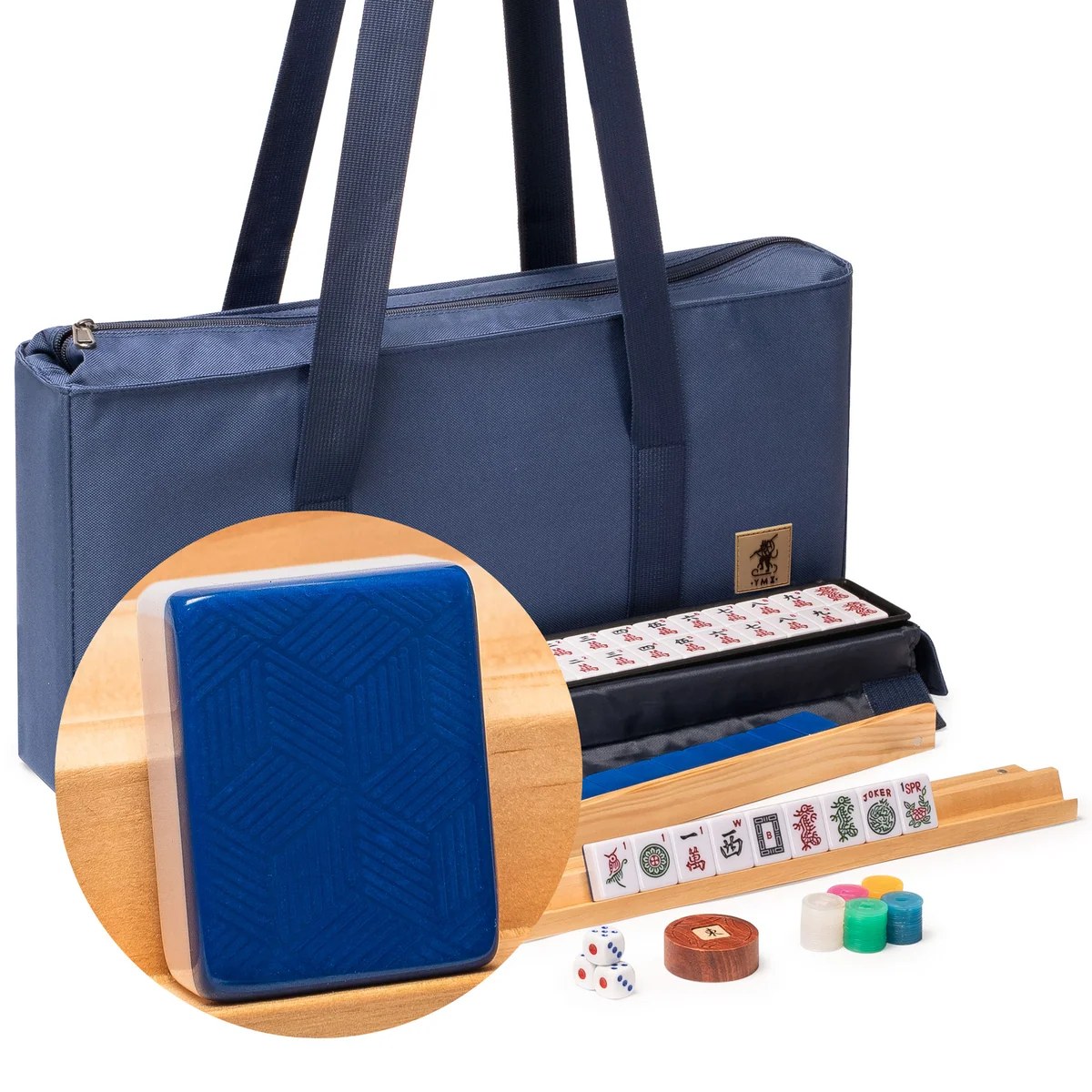American Mahjong Set, "Indigo Tides" with Blue Soft Case - Racks with Pushers, Scoring Coins, Dice, and Wind Indicator