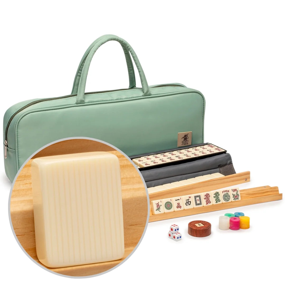 American Mahjong Set, “Ivory Ridge” - 166 Tiles with Mint Green Fabric Case, Wooden Racks with Pushers, Scoring Coins, Dice, & Wind Indicato