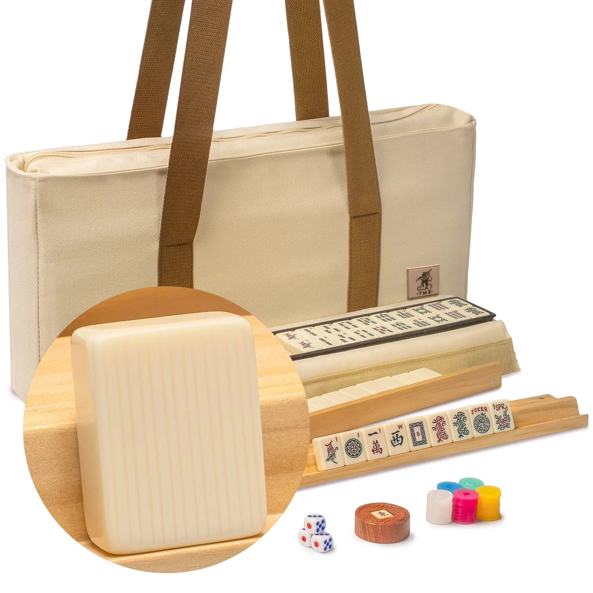 American Mahjong Set, "Ivory Stripes” - 166 Tiles with Beige Soft Case, Wooden Racks with Pushers, Scoring Coins, Dice, & Wind Indicator