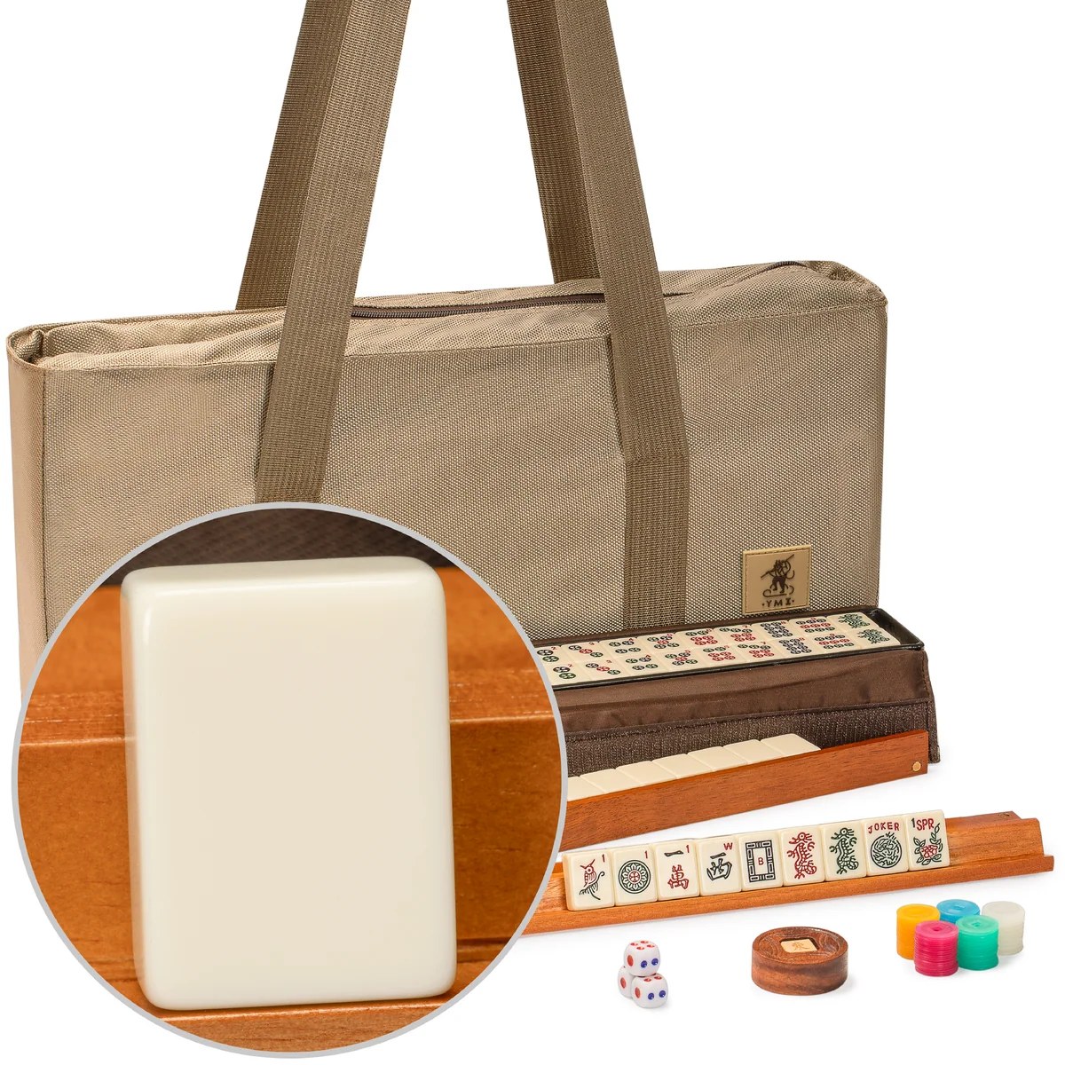 American Mahjong Set, "Mojave" (Ivory) with Brown Soft Case - Racks with Pushers, Scoring Coins, Dice, & Wind Indicator
