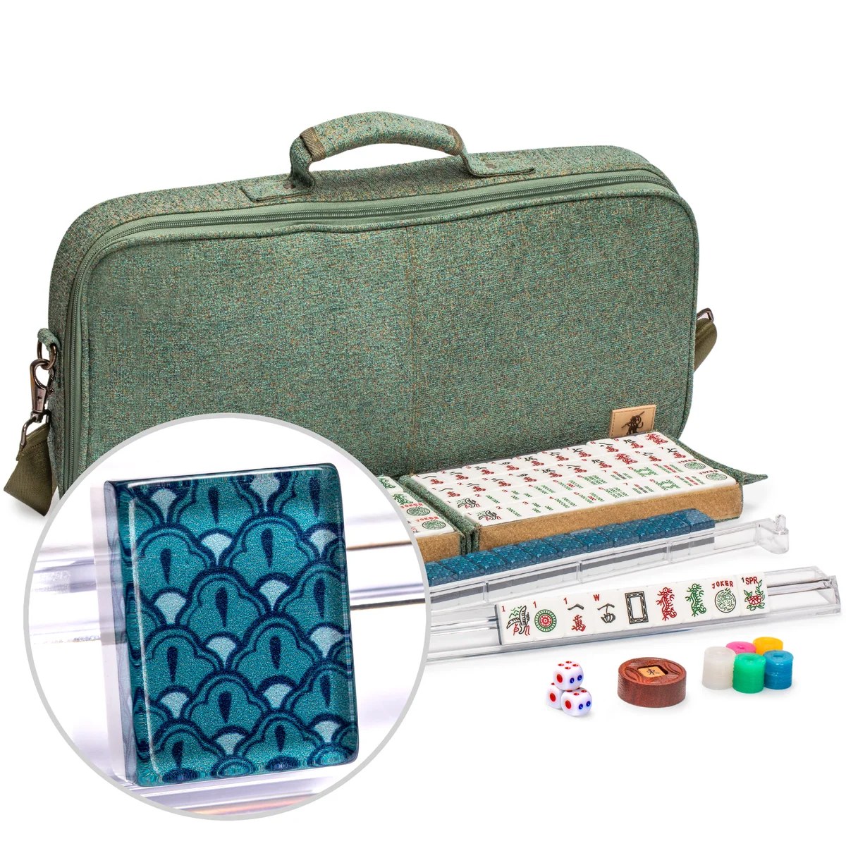 American Mahjong Set, “Oceana” with Heather Teal Soft Case - Racks with Pushers, Scoring Coins, Dice, and Wind Indicator