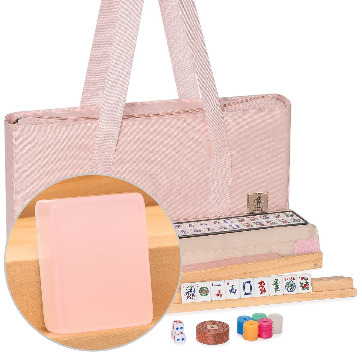American Mahjong Set, "Peony Blush" with Pink Canvas Tote Bag - 4 All-in-One Racks with Pushers, Wright Patterson Scoring Coins, Dice, & Win