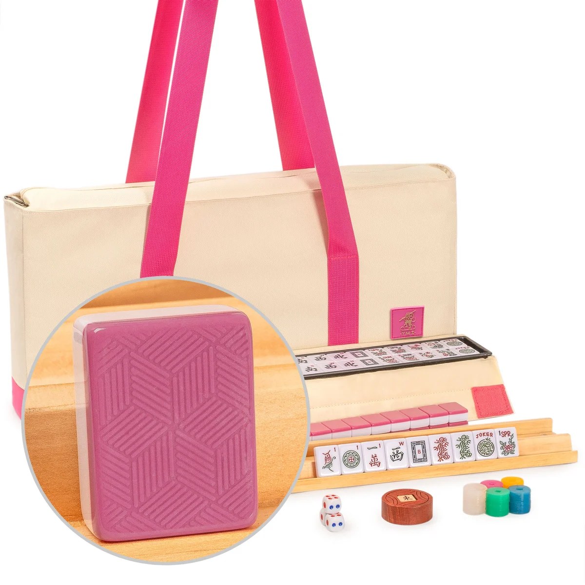 American Mahjong Set, "Rosehill" - 166 Rose-Pink Patterned Tiles, Racks with Pushers, Pink and Cream Soft Case