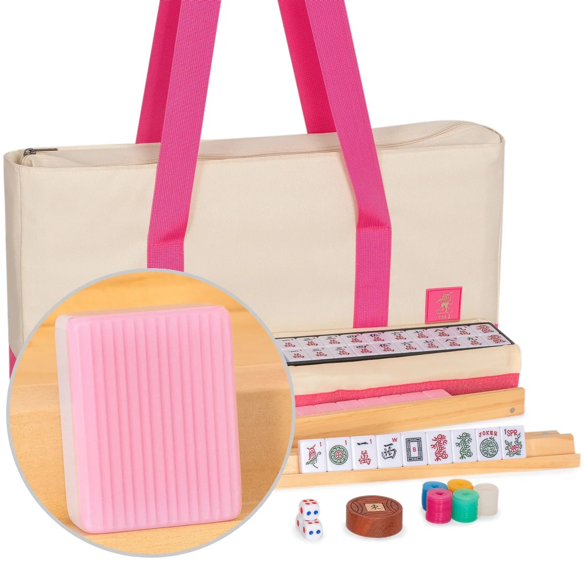 American Mahjong Set, "Sakura Pink" - 166 Medium Tiles with Pink and Cream Soft Case, Wooden Racks with Pushers, Scoring Coins, Dice, & Wind